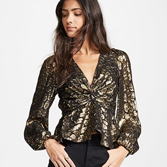 A.L.C. Logan Top Silk Gathered Waist Black/Gold 6 - Picture 2 of 16